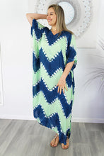 Load image into Gallery viewer, Sundrenched Culture Tie Dye lime &amp; blue long kaftan.  One Size Fits All.
