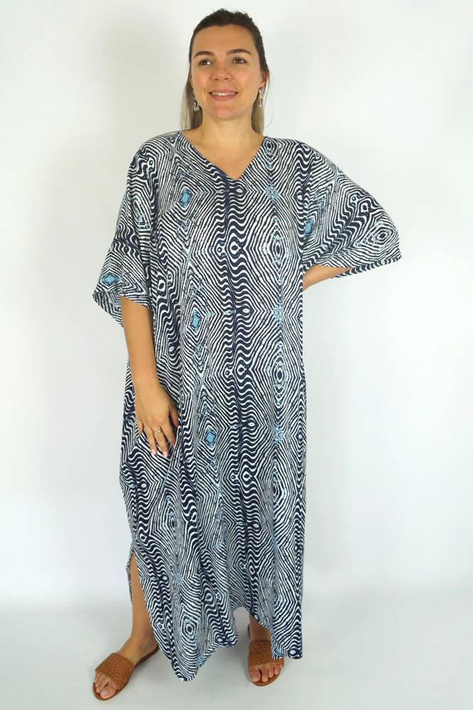 plus size papua print blue long kaftan