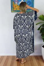 Load image into Gallery viewer, Sundrenched Pendant Print Bone &amp; Navy Blue Long Kaftan Dress.  One Size Fits All.
