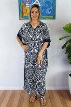 Load image into Gallery viewer, Sundrenched Pendant Print Bone &amp; Navy Blue Long Kaftan Dress.  One Size Fits All.
