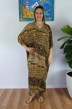 Load image into Gallery viewer, Sundrenched Snake Cheetah Black &amp; Gold Long Kaftan Dress.  One size fits all.
