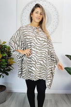 Load image into Gallery viewer, Taupe Zebra print kaftan top with Pom Poms.  One size fits all.
