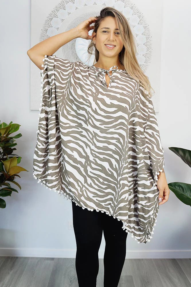 Taupe Zebra print kaftan top with Pom Poms.  One size fits all.