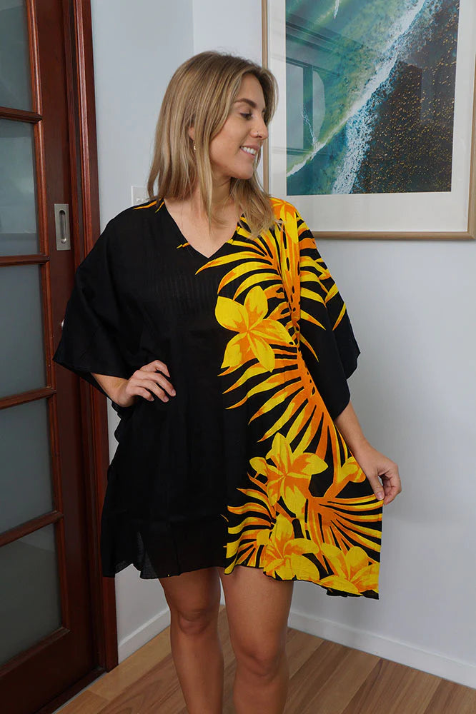 Vibrant Palm Frond gold/yellow kaftan top.  One size fits all.