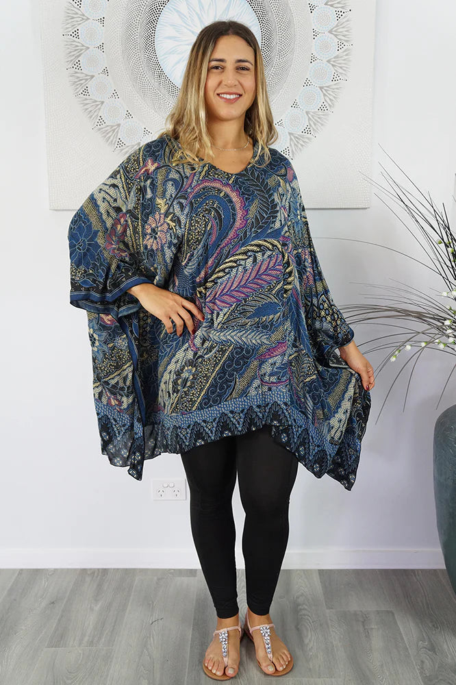 Retro Batik print mixed colours of Charcoal & purple kaftan top.  One size fits all.