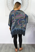 Load image into Gallery viewer, Retro Batik print mixed colours of Charcoal &amp; purple kaftan top.  One size fits all.
