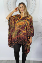 Load image into Gallery viewer, Retro Batik print mixed colours of maroon &amp; orange kaftan top.  One size fits all.
