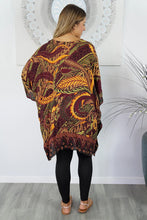 Load image into Gallery viewer, Retro Batik print mixed colours of maroon &amp; orange kaftan top.  One size fits all.
