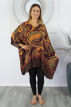 Load image into Gallery viewer, Retro Batik print mixed colours of maroon &amp; orange kaftan top.  One size fits all.
