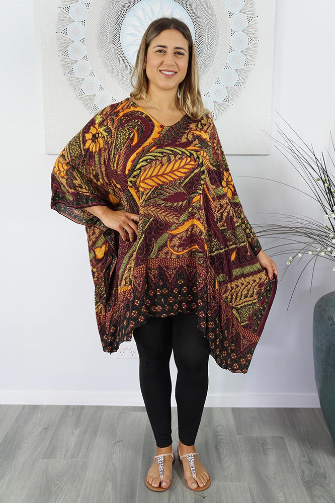 Retro Batik print mixed colours of maroon & orange kaftan top.  One size fits all.