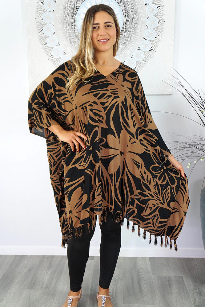 Vibrant Rarotonga black & tan kaftan top.  One size fits all.