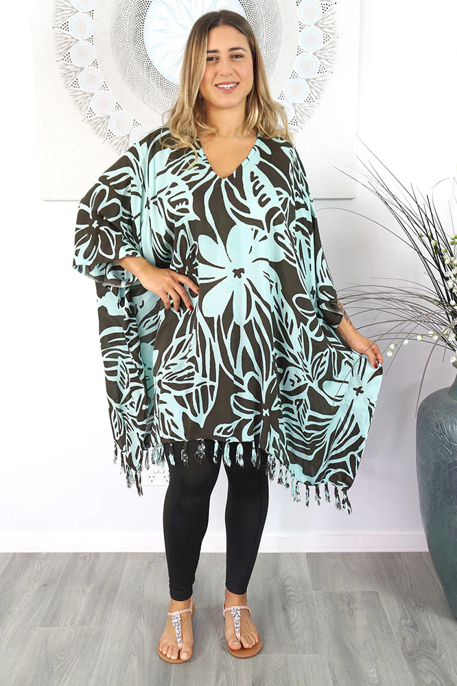 Vibrant Rarotonga dark chocolate & mint kaftan top.  One size fits all.