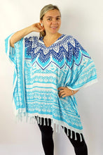 Load image into Gallery viewer, Karma Road cover up Bora Bora Blue kaftan top.  One size fits all.
