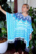 Load image into Gallery viewer, Karma Road cover up Bora Bora Blue kaftan top.  One size fits all.
