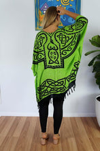 Load image into Gallery viewer, Vibrant Celtic print lime green &amp; black kaftan top.  One size fits all.
