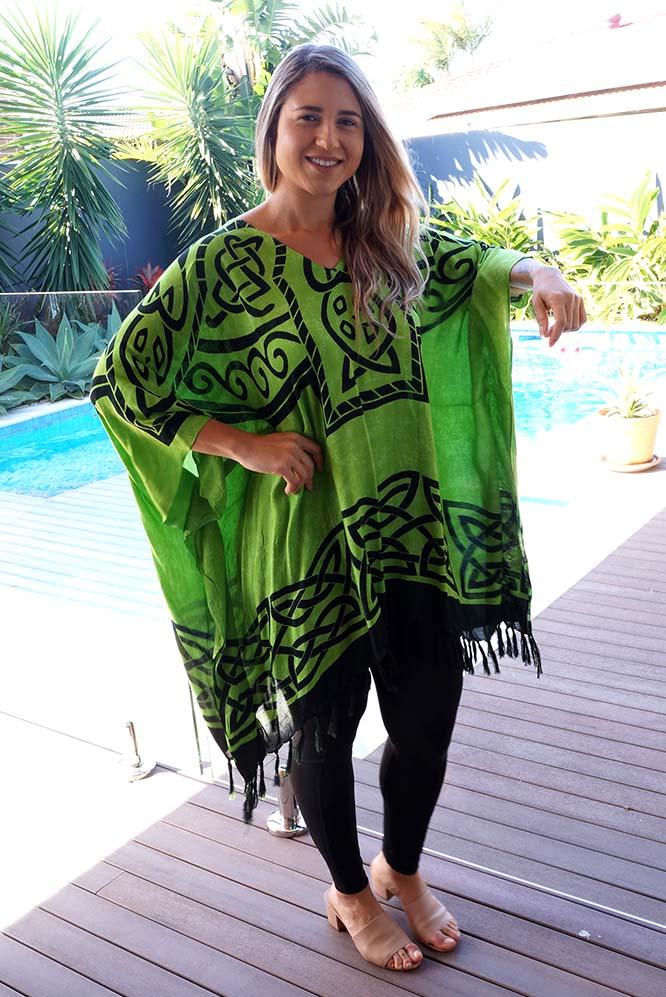 Vibrant Celtic print lime green & black kaftan top.  One size fits all.