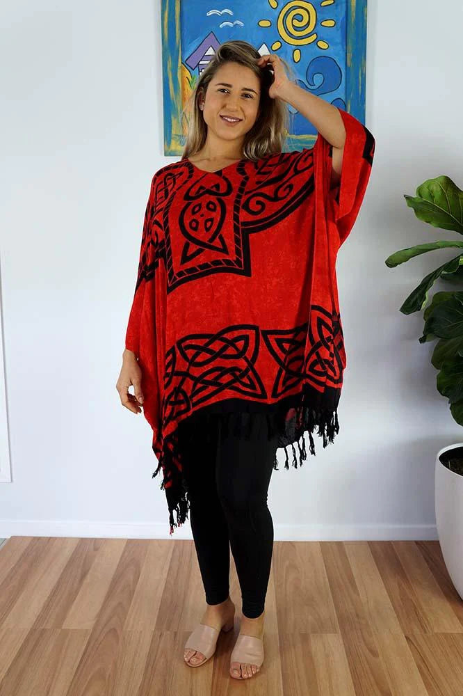 Vibrant Celtic print red & black kaftan top.  One size fits all.