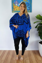 Load image into Gallery viewer, Vibrant Celtic print royal blue &amp; black kaftan top.  One size fits all.
