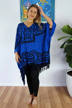 Load image into Gallery viewer, Vibrant Celtic print royal blue &amp; black kaftan top.  One size fits all.
