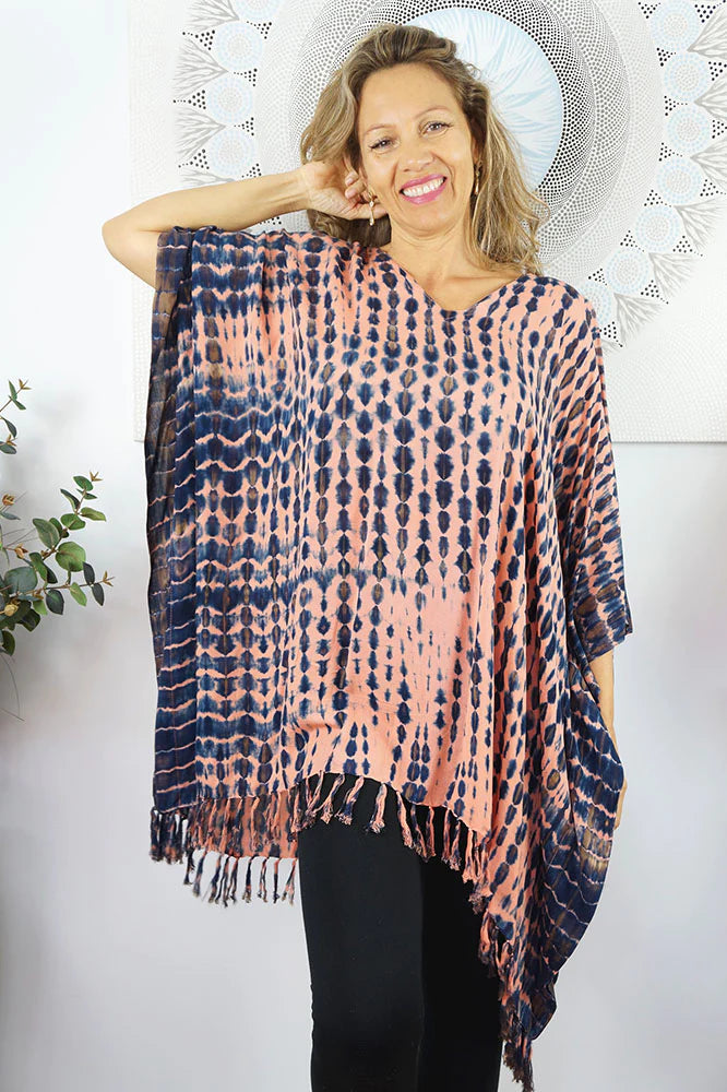 Fabulous tie dye crackle apricot/blue kaftan top.  One size fits all.