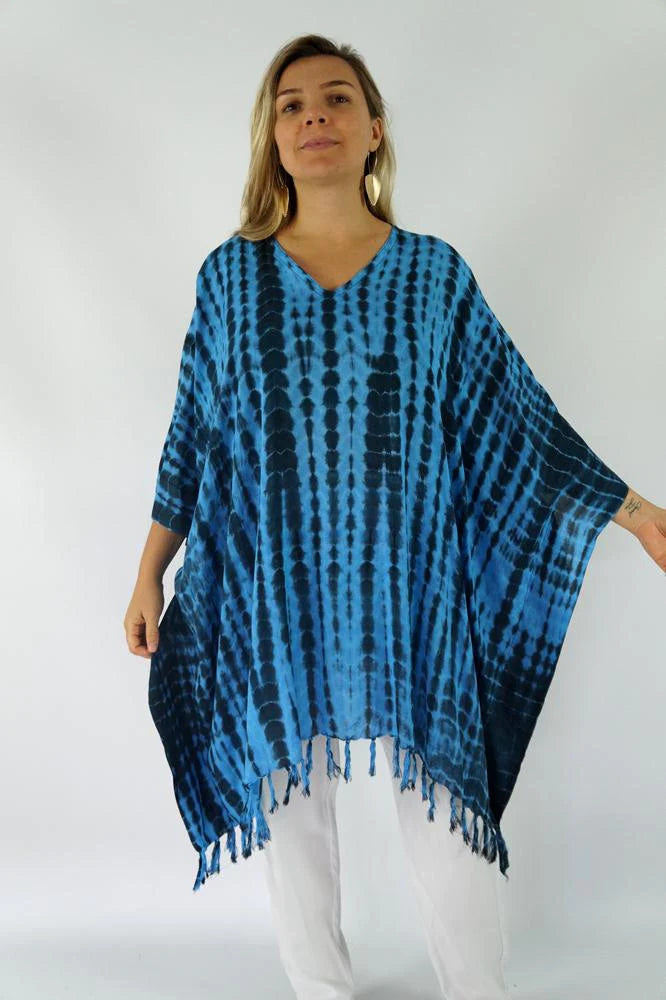 V Neck Navy Blue & Black Tie Dye Crackle kaftan top.  One size fits all.