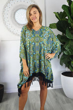 Load image into Gallery viewer, Beautiful Dot Art green kaftan top with fringed hem.  One size fits all
