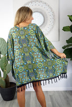 Load image into Gallery viewer, Beautiful Dot Art green kaftan top with fringed hem.  One size fits all
