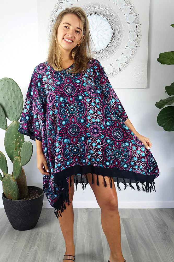 Kaftan Top Dot Art Blue & Dark Pink.  One size fits all.