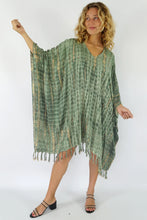 Load image into Gallery viewer, Tie dye olive green &amp; gold kaftan top with crackle print.  One size fits all.
