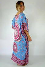 Load image into Gallery viewer, Sundrenched Tunisia Mandala boho aqua &amp; pink long kaftan.  One Size Fits All.
